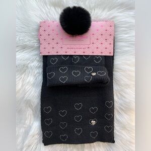 🆕 Juicy Couture Women's Black Beanie & Scarf Set Rhinestone Heart Winter
